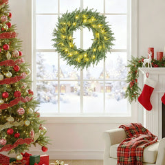 60cm Artificial Pre-Lit Christmas Wreath with Warm White LED Lights