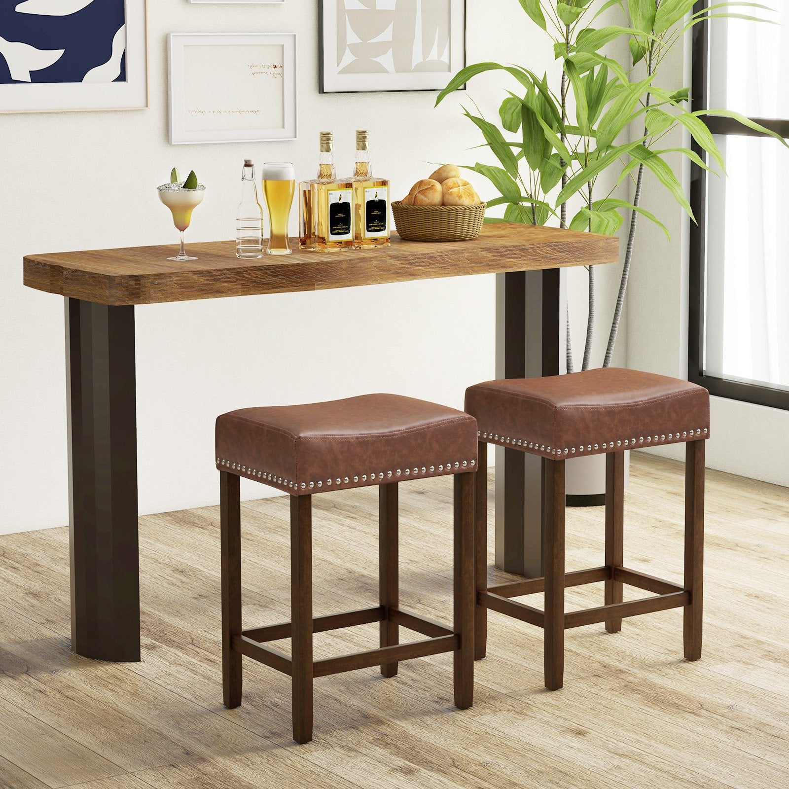 60cm Bar Stool Set of 2 Counter Height Saddle Stools-Brown