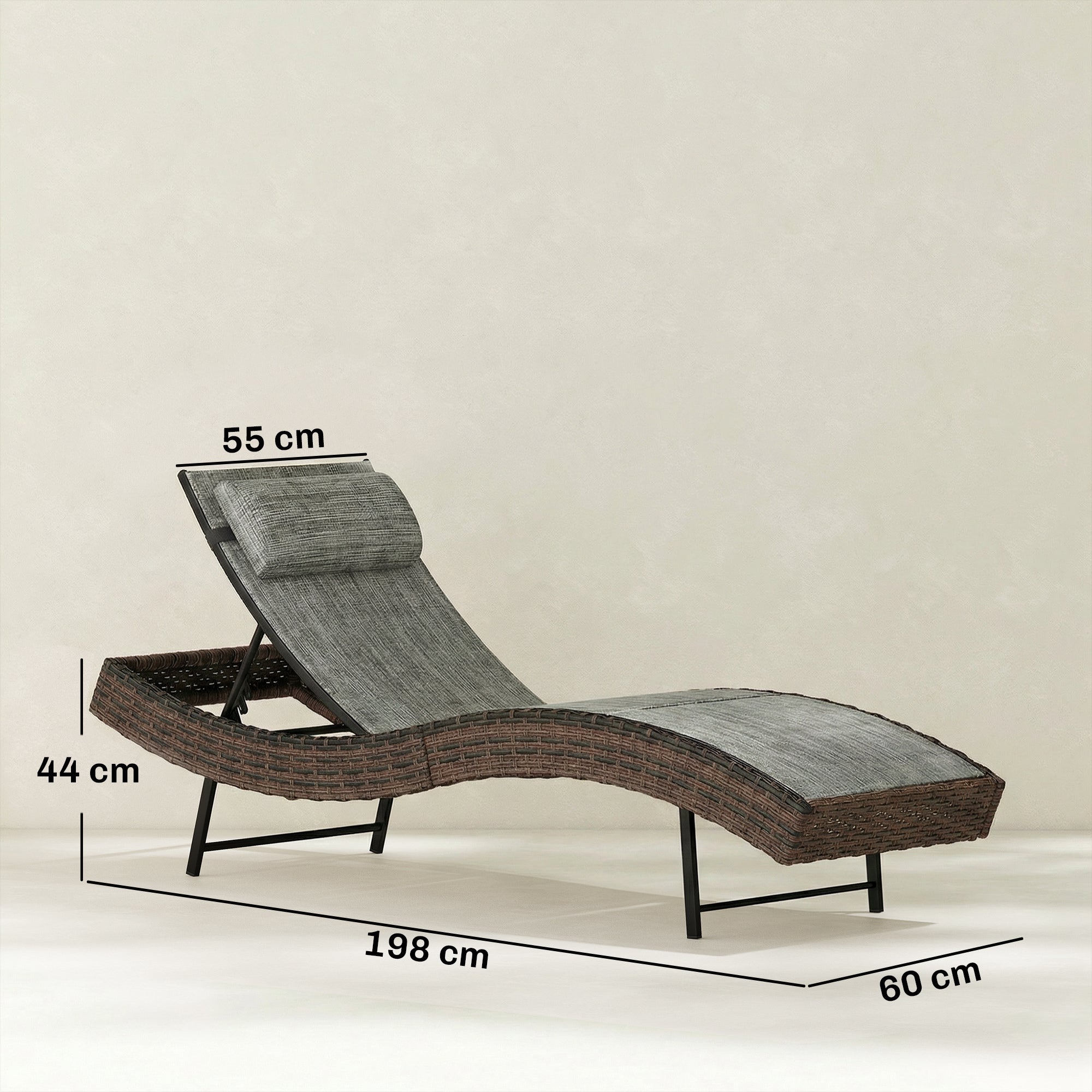 Outsunny Rattan Sun Lounger, Garden Recliner with 5 Position Adjustable Back, S Shaped Texteline Seat, Headrest, Brown