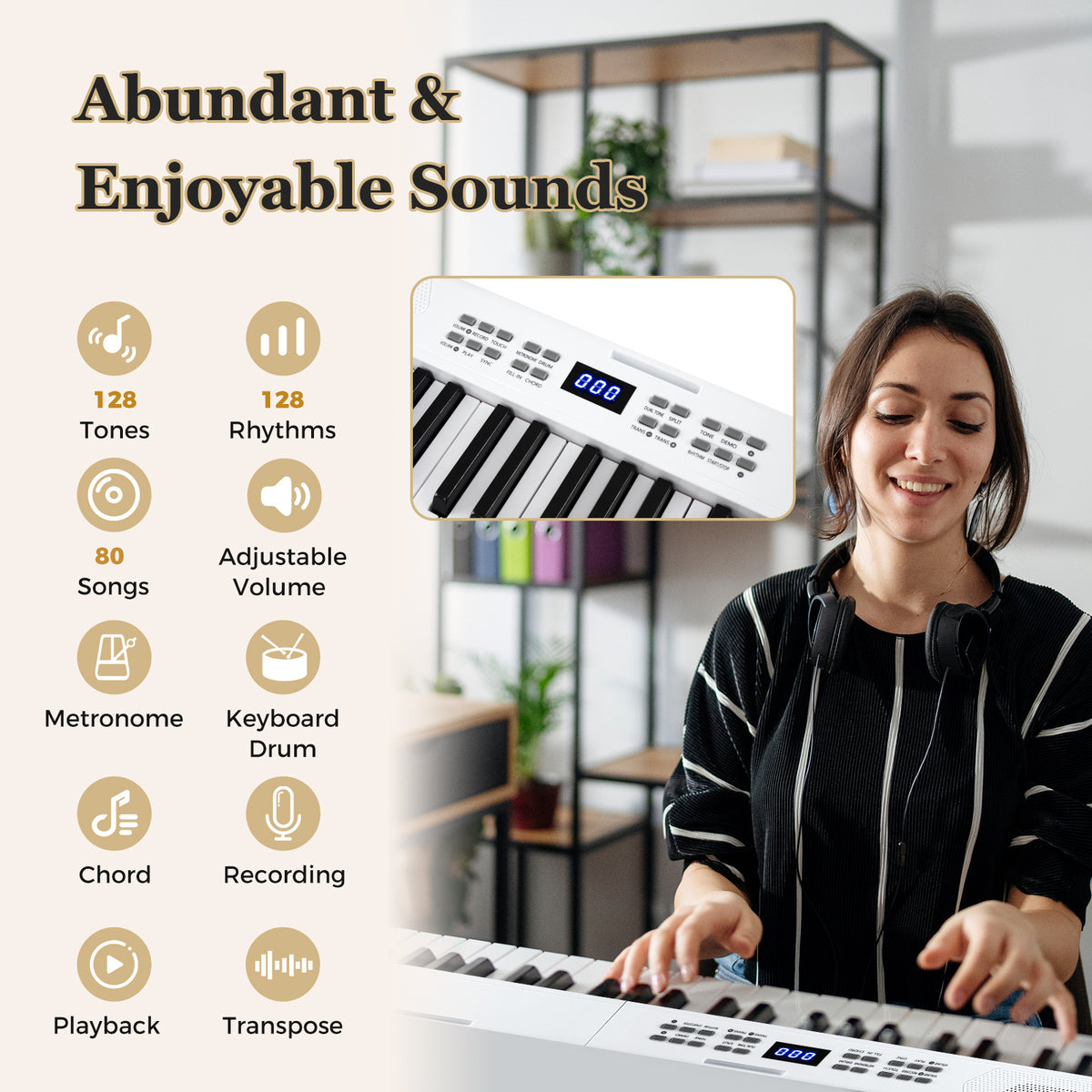 61-Key Foldable Piano Keyboard Full-size Electronic Keyboard with MIDI and Split Function-White