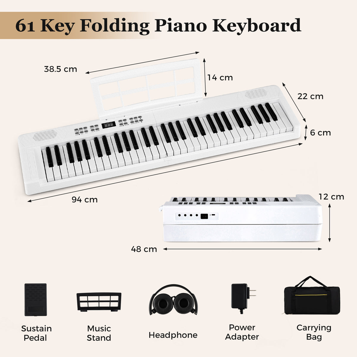 61-Key Foldable Piano Keyboard Full-size Electronic Keyboard with MIDI and Split Function-White