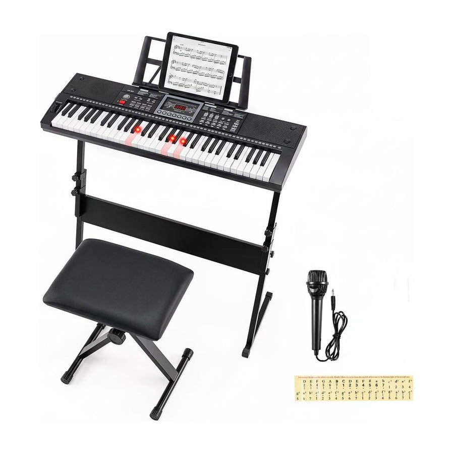 61 Key Keyboard Piano for Beginners with Stand Stool and Lighted Keys-Black