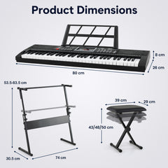 61 Key Keyboard Piano for Beginners with Stand Stool and Lighted Keys-Black