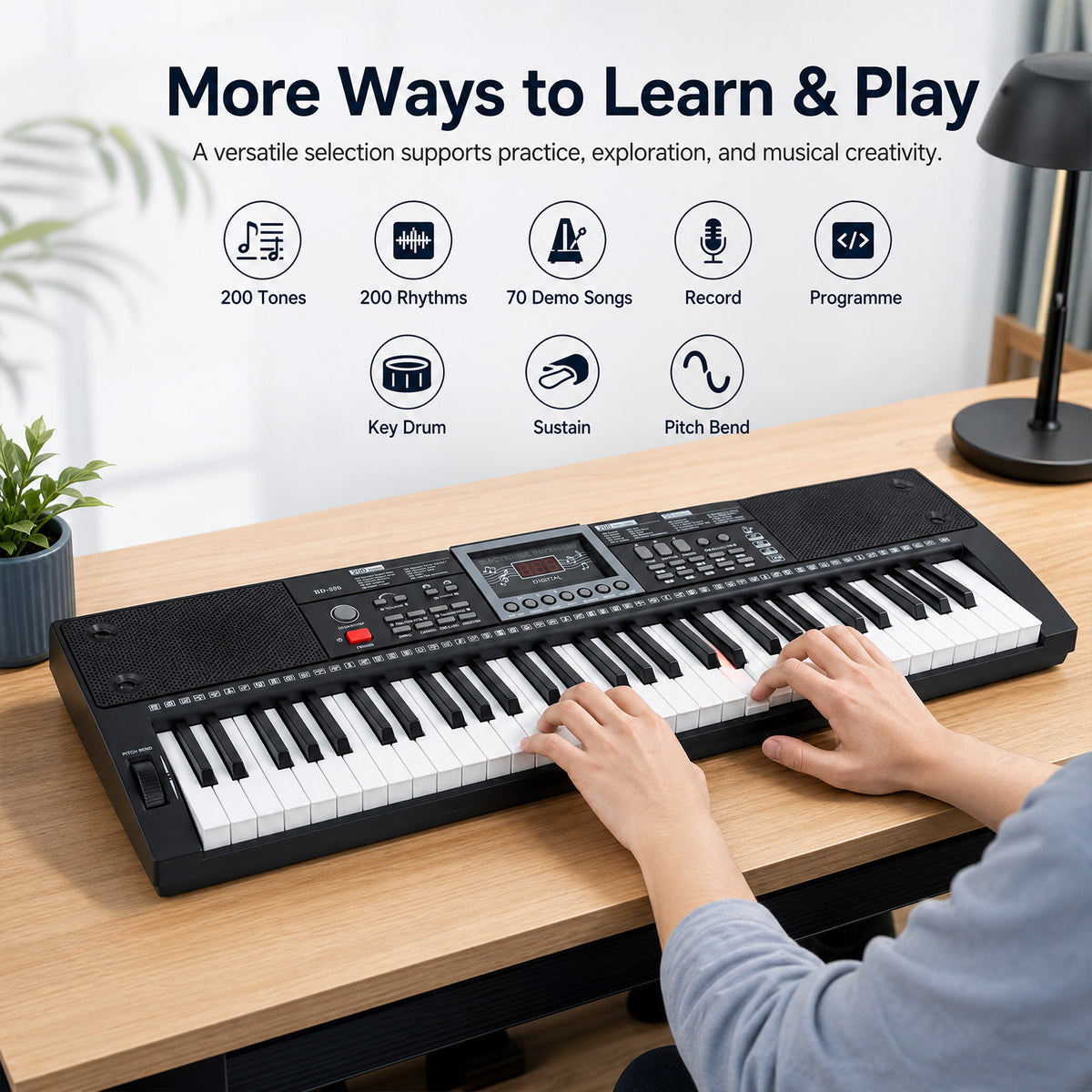 61 Key Keyboard Piano for Beginners with Stand Stool and Lighted Keys-Black