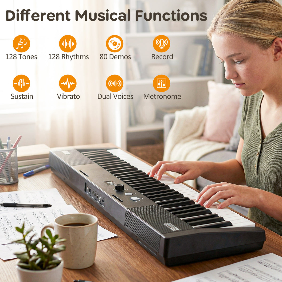 61 Keys Beginners Piano Keyboard Electric Keyboard Kit with Adjustable Stand-Black