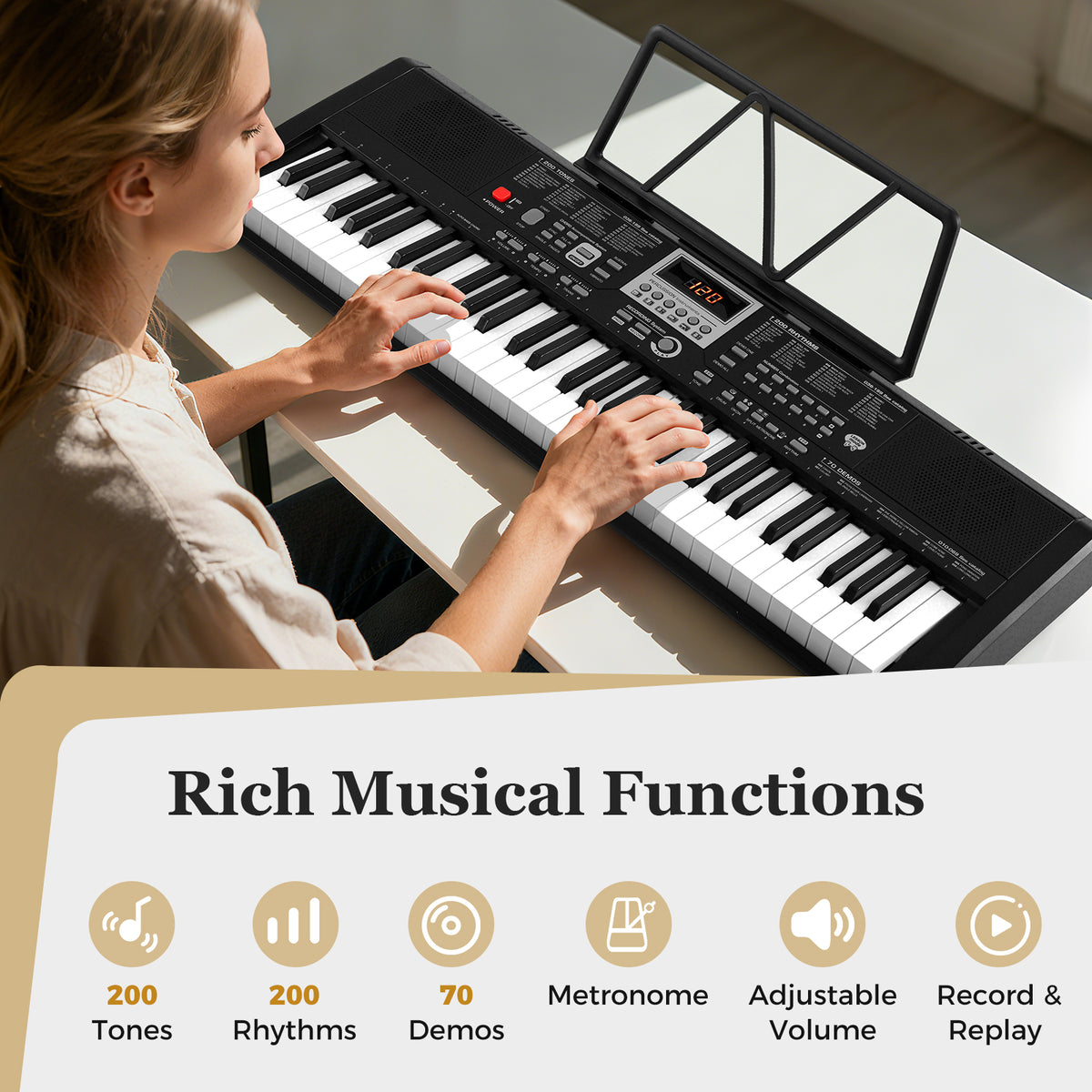 61 Keys Portable Keyboard with 200 Rhythms and 200 Tones for Beginners-Black