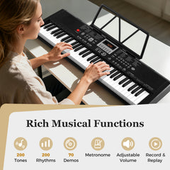 61 Keys Portable Keyboard with 200 Rhythms and 200 Tones for Beginners-Black