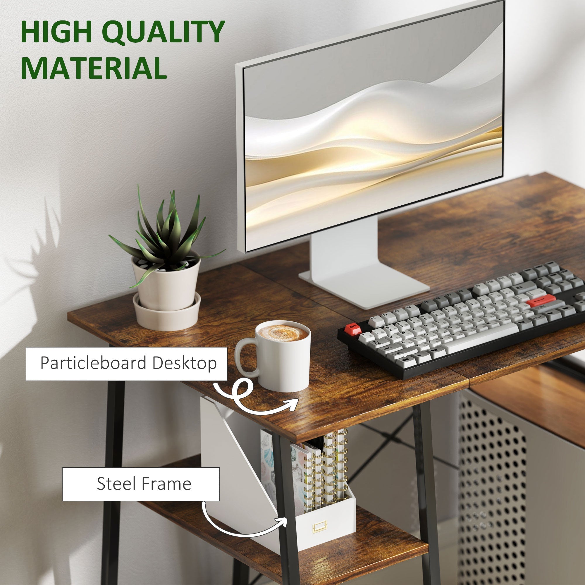 HOMCOM Industrial-Style Work Desk, with Shelves - Brown/Black