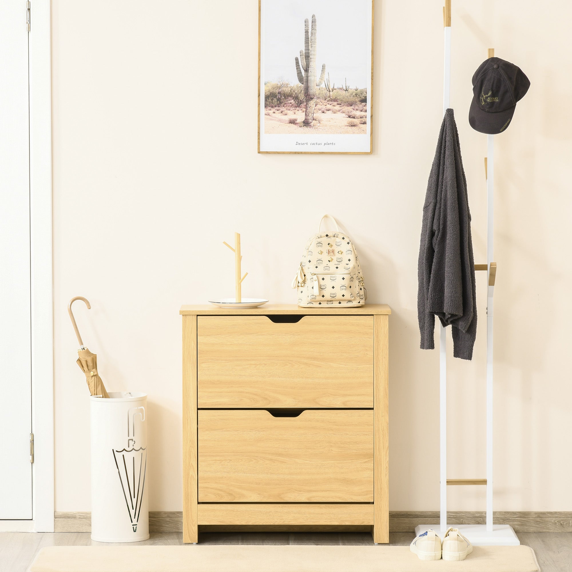 HOMCOM Narrow Shoe Cabinet, Space Saving Shoe Storage Cabinet with 2 Flip Drawers and Adjustable Shelves for 6-12 Pairs of Shoes for Hallways and Living Room, Natural Wood Finish