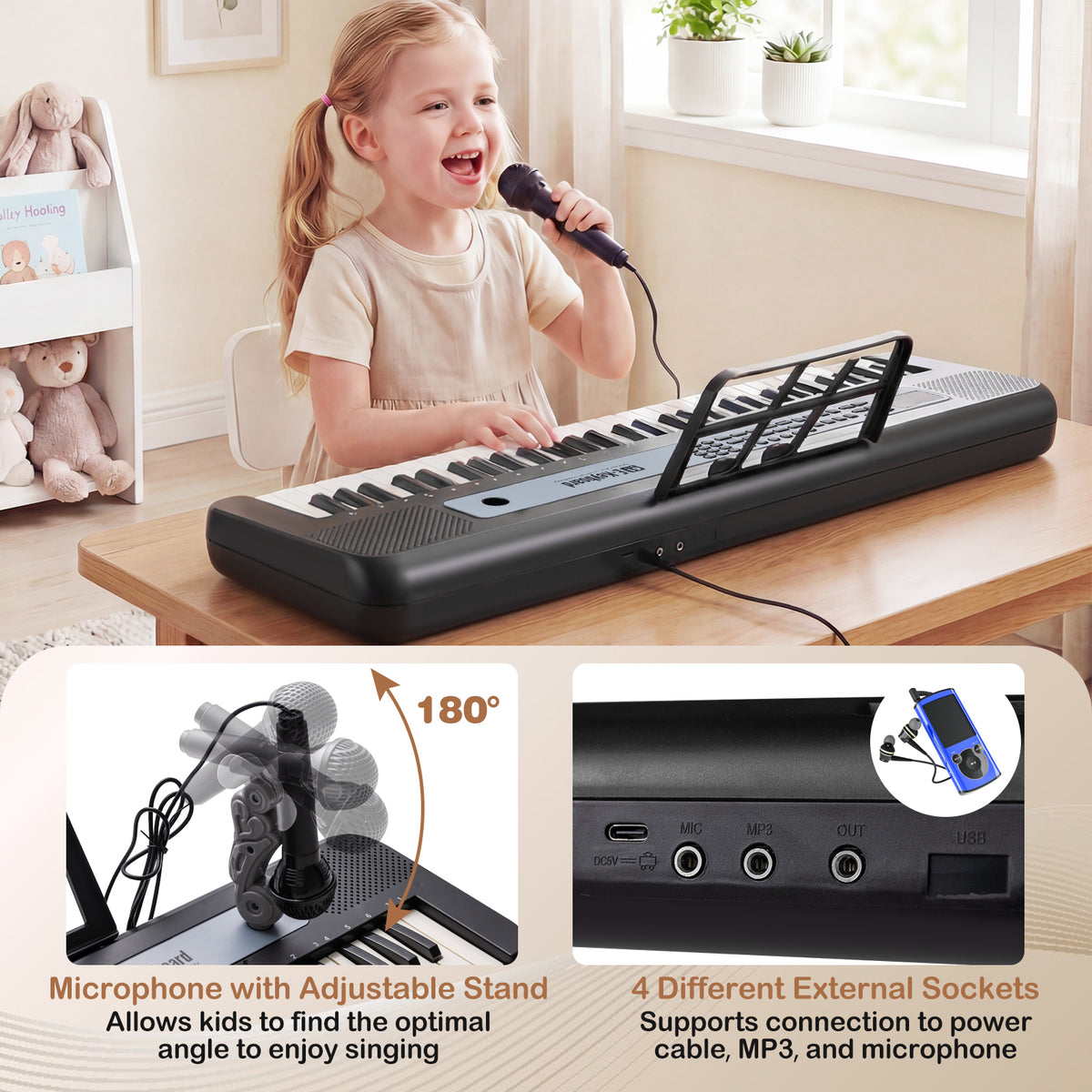 61 Keys Kids Piano Keyboard with Adjustable Stand for Aged 3+ Years Old-Black