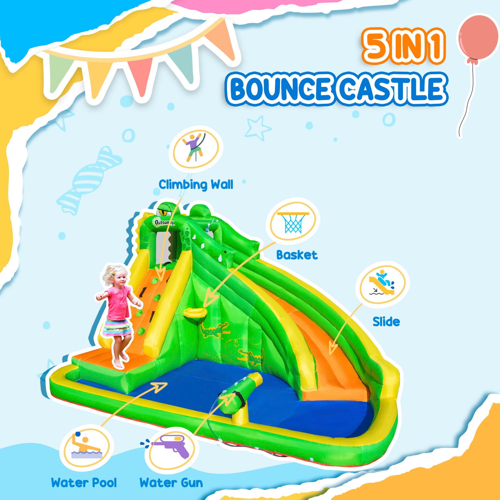 Outsunny Kids Bouncy Castle, 5 in 1 Large Crocodile Style Inflatable House Slide Basket Water Pool Gun Climbing Wall with Blower Carrybag for Kids Age 3-8, 3.85 x 2.85 x 2.25m