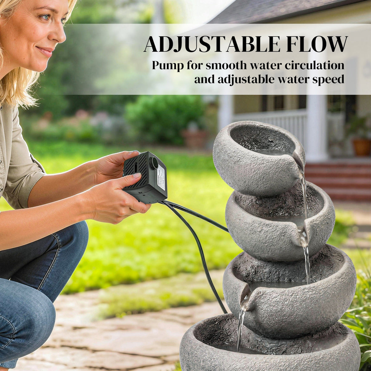 Outsunny 4-Tier Water Fountain Outdoor, Garden Water Feature with LED Lights and Pump, Freestanding Resin Waterfall for Patio