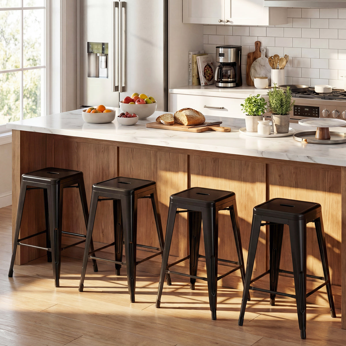 62 cm Metal Bar Stools Set of 4 with Backrests and Footrests-Black