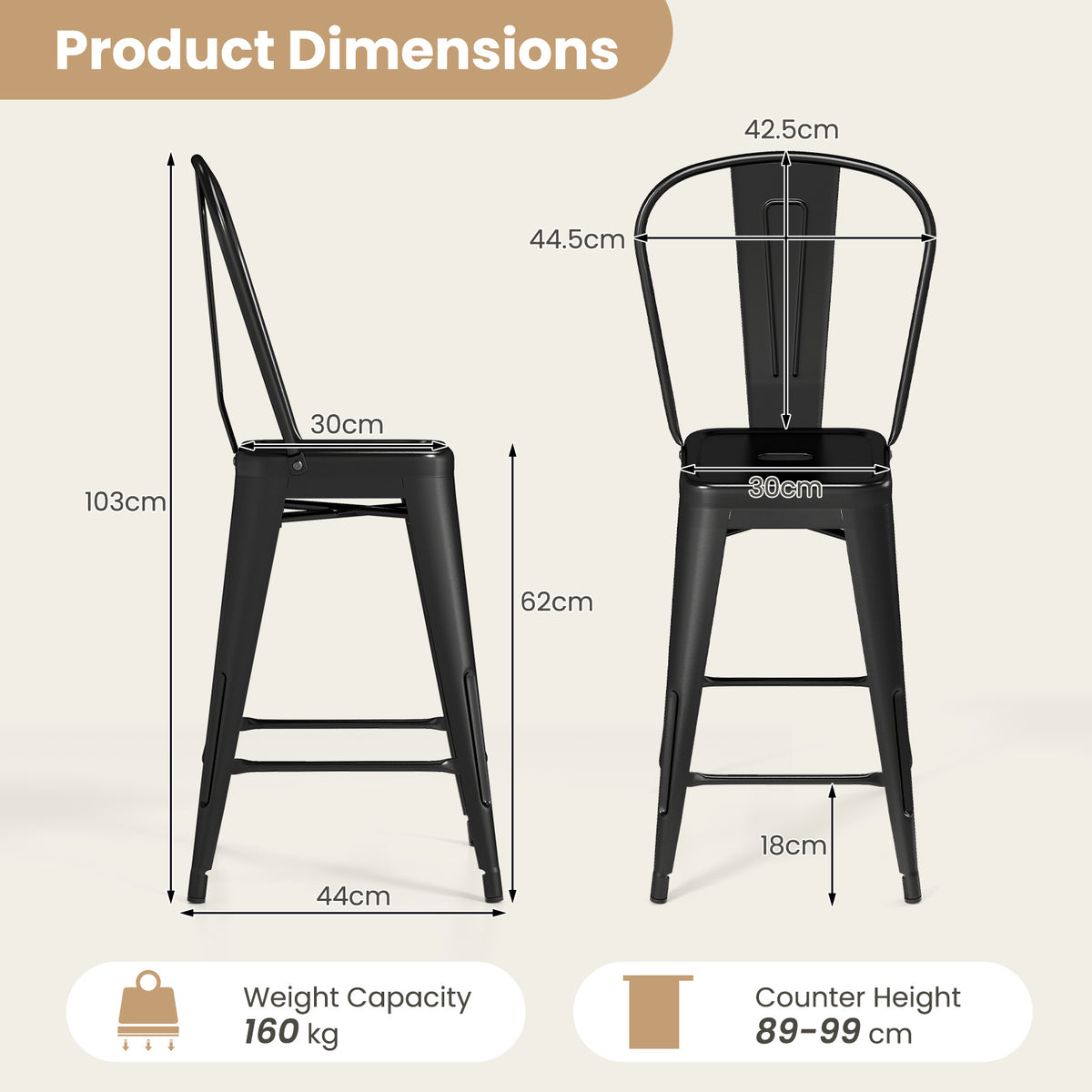 62 cm Metal Bar Stools Set of 4 with Backrests and Footrests-Black