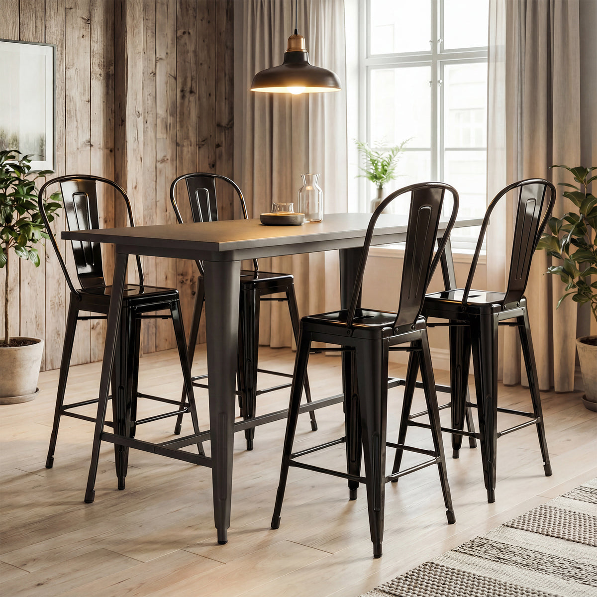 62 cm Metal Bar Stools Set of 4 with Backrests and Footrests-Black