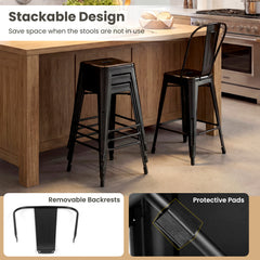 62 cm Metal Bar Stools Set of 4 with Backrests and Footrests-Black