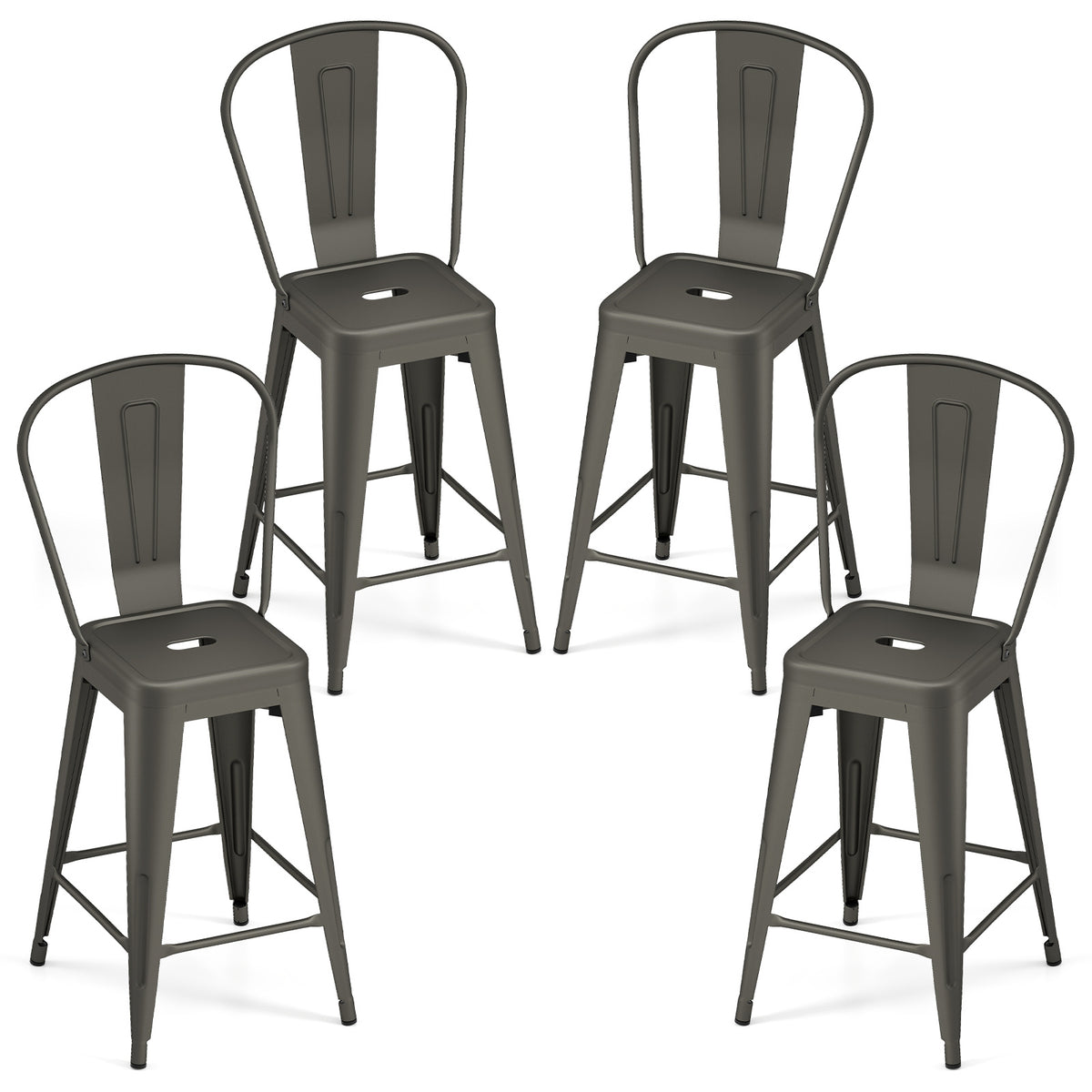 62 cm Metal Bar Stools Set of 4 with Backrests and Footrests-Gun