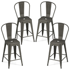 62 cm Metal Bar Stools Set of 4 with Backrests and Footrests-Gun
