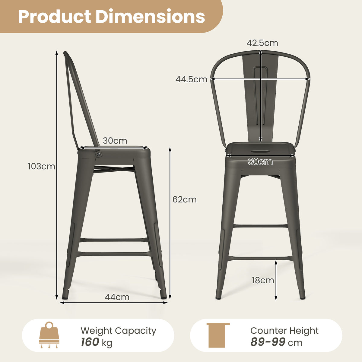 62 cm Metal Bar Stools Set of 4 with Backrests and Footrests-Gun
