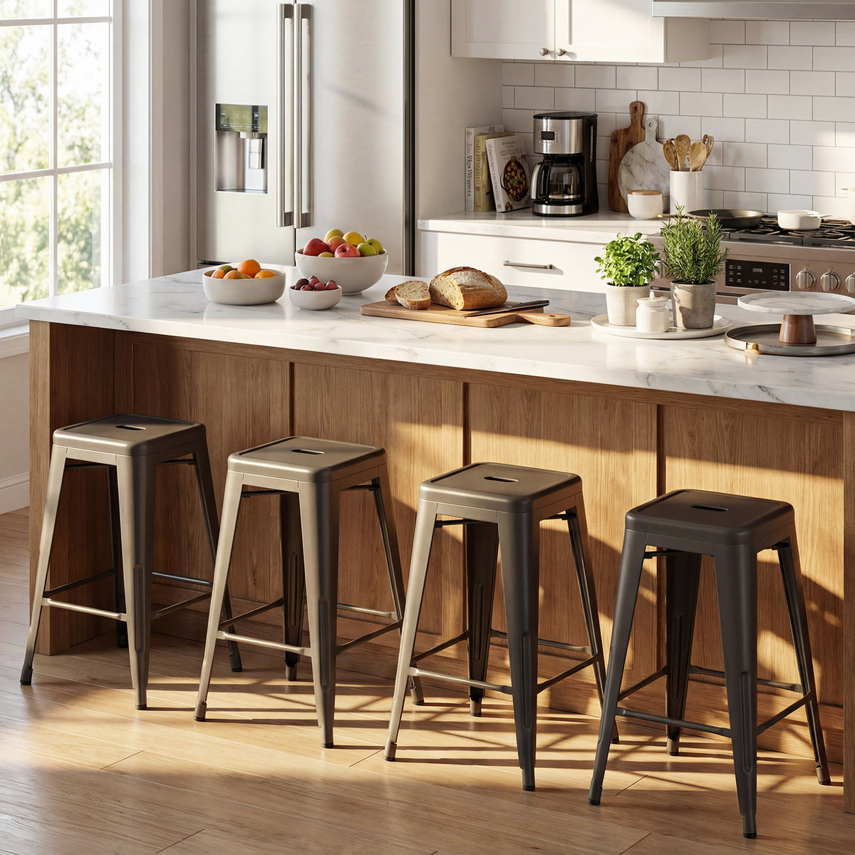 62 cm Metal Bar Stools Set of 4 with Backrests and Footrests-Gun