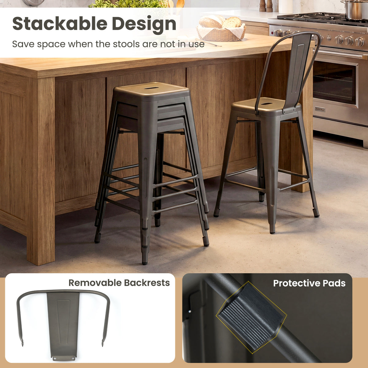 62 cm Metal Bar Stools Set of 4 with Backrests and Footrests-Gun