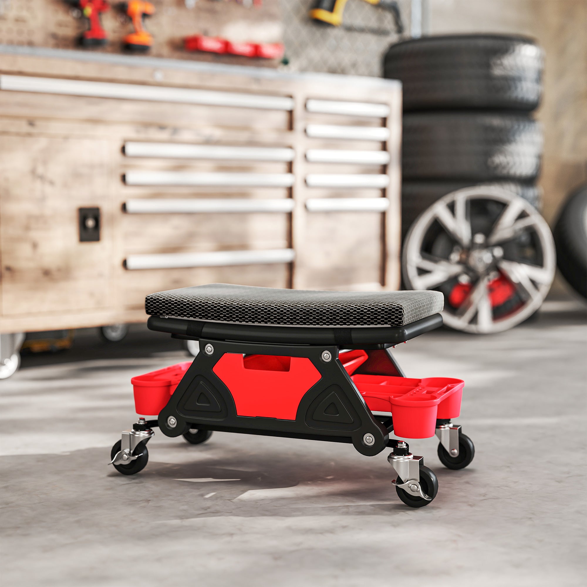 HOMCOM Rolling Mechanic Stool, 135kg Capacity Workshop Stool, 360√Ç¬∞ Swivel Roller Padded Creeper Seat with Wheels, Slide Out Tool Trays and Drawer for Garage, Shop, Auto Repair, Black