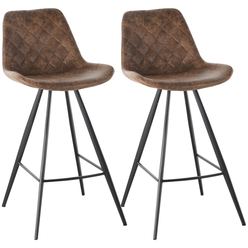 HOMCOM Set Of 2 Bar Stools Vintage Microfiber Cloth Tub Seats Padded Comfortable Steel Frame Footrest Quilted Home Bar Cafe Kitchen Chair Stylish Brown
