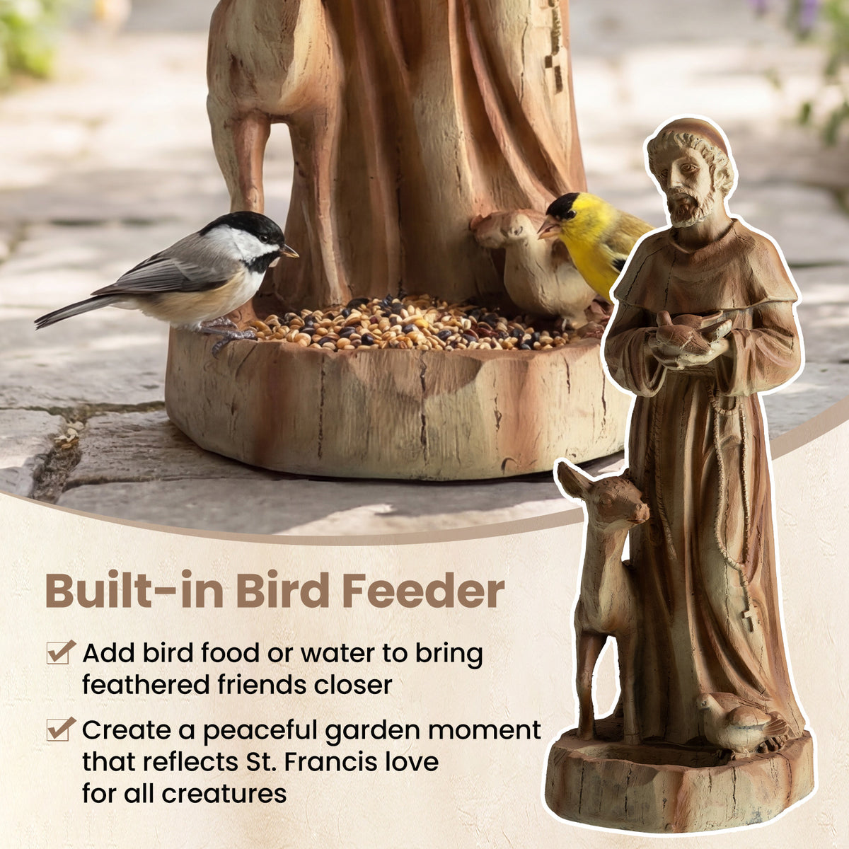 62cm St. Francis Statue with Bird Feeder Saint Francis of Assisi Garden Decoration-Brown