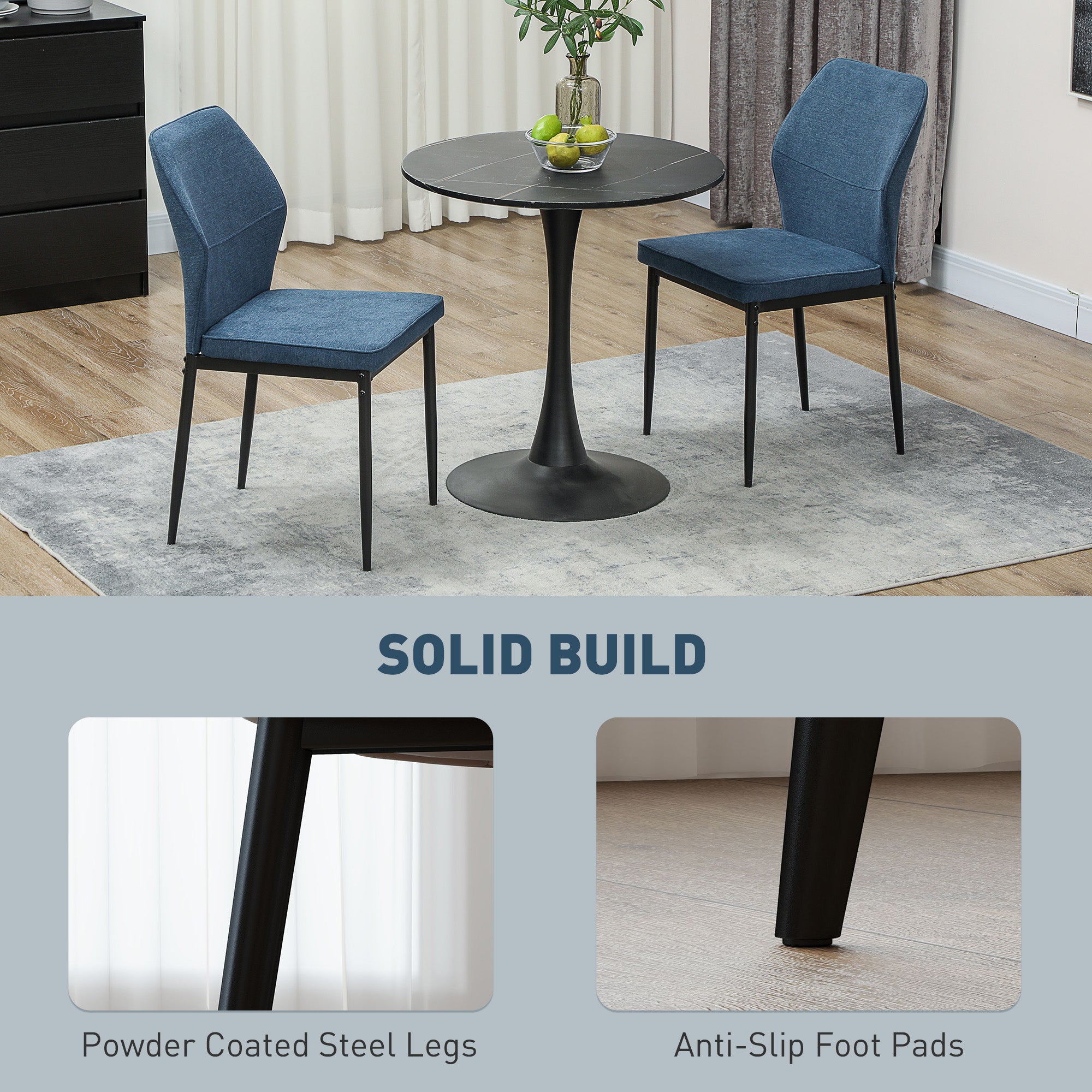 HOMCOM Velvet Dining Chairs Set of 2, Modern Upholstered Kitchen Chairs with Metal Legs, Curved Back and Padded Seat, Armless Side Chairs for Dining Room, Bedroom, Living Room, Blue