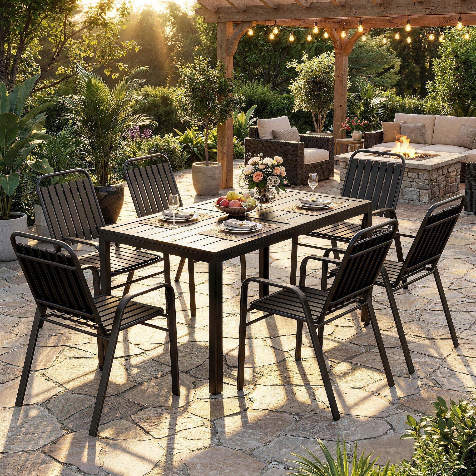 Outsunny 7 Pieces Outdoor Dining Set with Umbrella Hole, Garden Table and Chairs Set for 6 with Metal Table and Stackable Chairs
