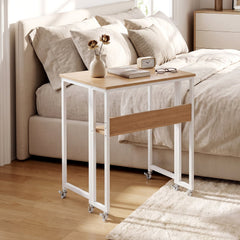 63 cm Small Folding Desk with Smooth Rolling Wheels and Storage Shelf for Home Office-Natural