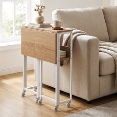 63 cm Small Folding Desk with Smooth Rolling Wheels and Storage Shelf for Home Office-Natural