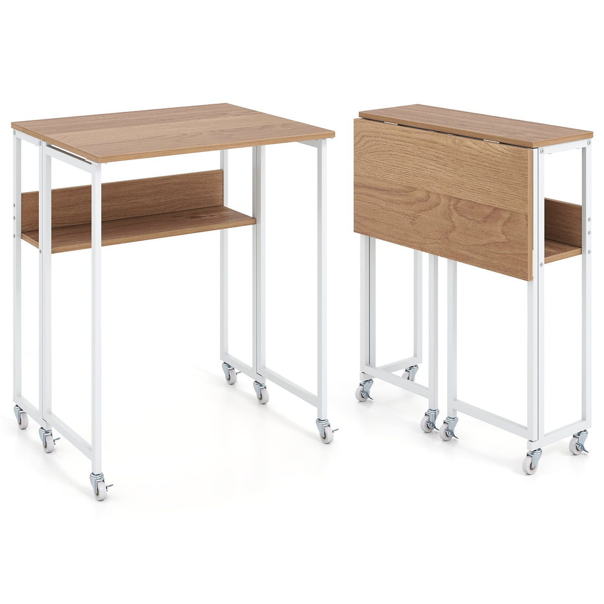 63 cm Small Folding Desk with Smooth Rolling Wheels and Storage Shelf for Home Office-Natural