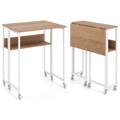 63 cm Small Folding Desk with Smooth Rolling Wheels and Storage Shelf for Home Office-Natural