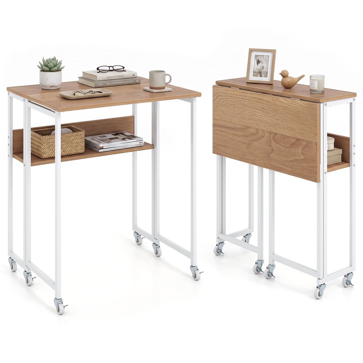 63 cm Small Folding Desk with Smooth Rolling Wheels and Storage Shelf for Home Office-Natural