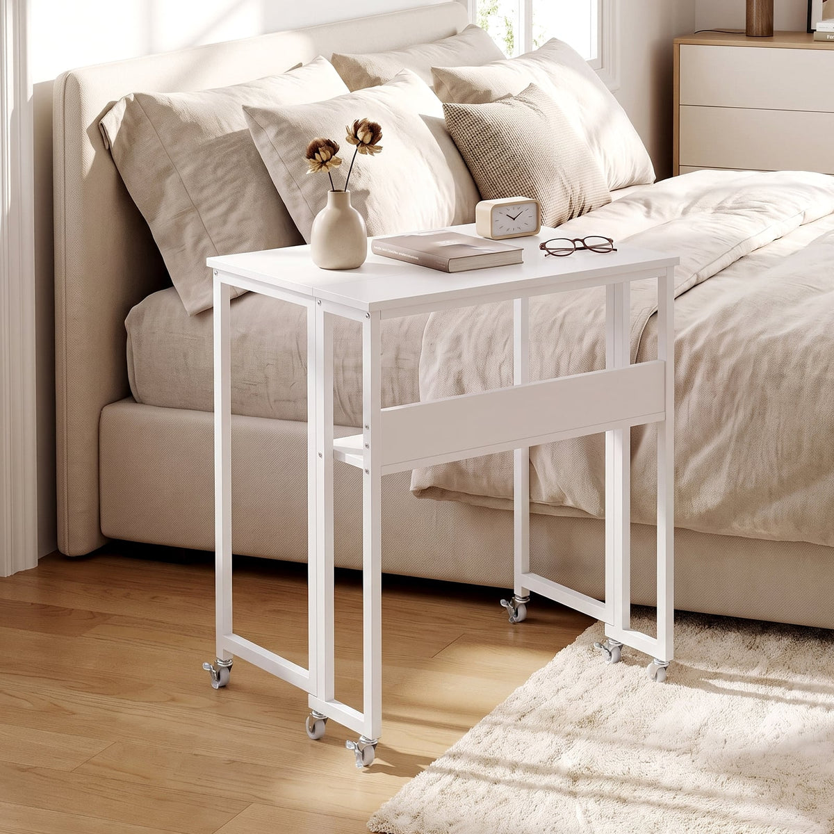 63 cm Small Folding Desk with Smooth Rolling Wheels and Storage Shelf for Home Office-White