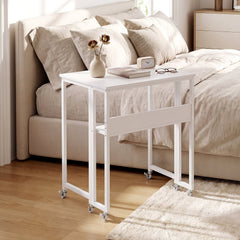 63 cm Small Folding Desk with Smooth Rolling Wheels and Storage Shelf for Home Office-White