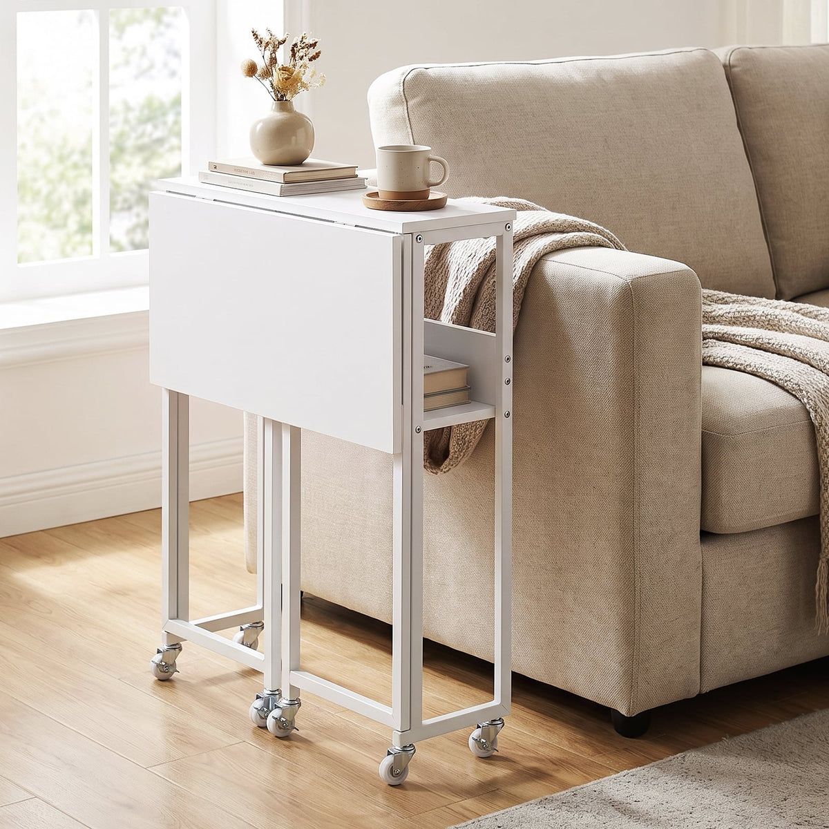 63 cm Small Folding Desk with Smooth Rolling Wheels and Storage Shelf for Home Office-White