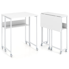 63 cm Small Folding Desk with Smooth Rolling Wheels and Storage Shelf for Home Office-White