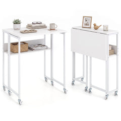 63 cm Small Folding Desk with Smooth Rolling Wheels and Storage Shelf for Home Office-White