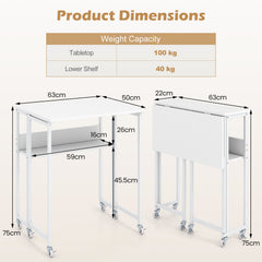 63 cm Small Folding Desk with Smooth Rolling Wheels and Storage Shelf for Home Office-White