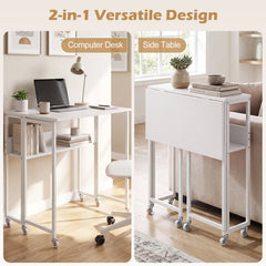 63 cm Small Folding Desk with Smooth Rolling Wheels and Storage Shelf for Home Office-White