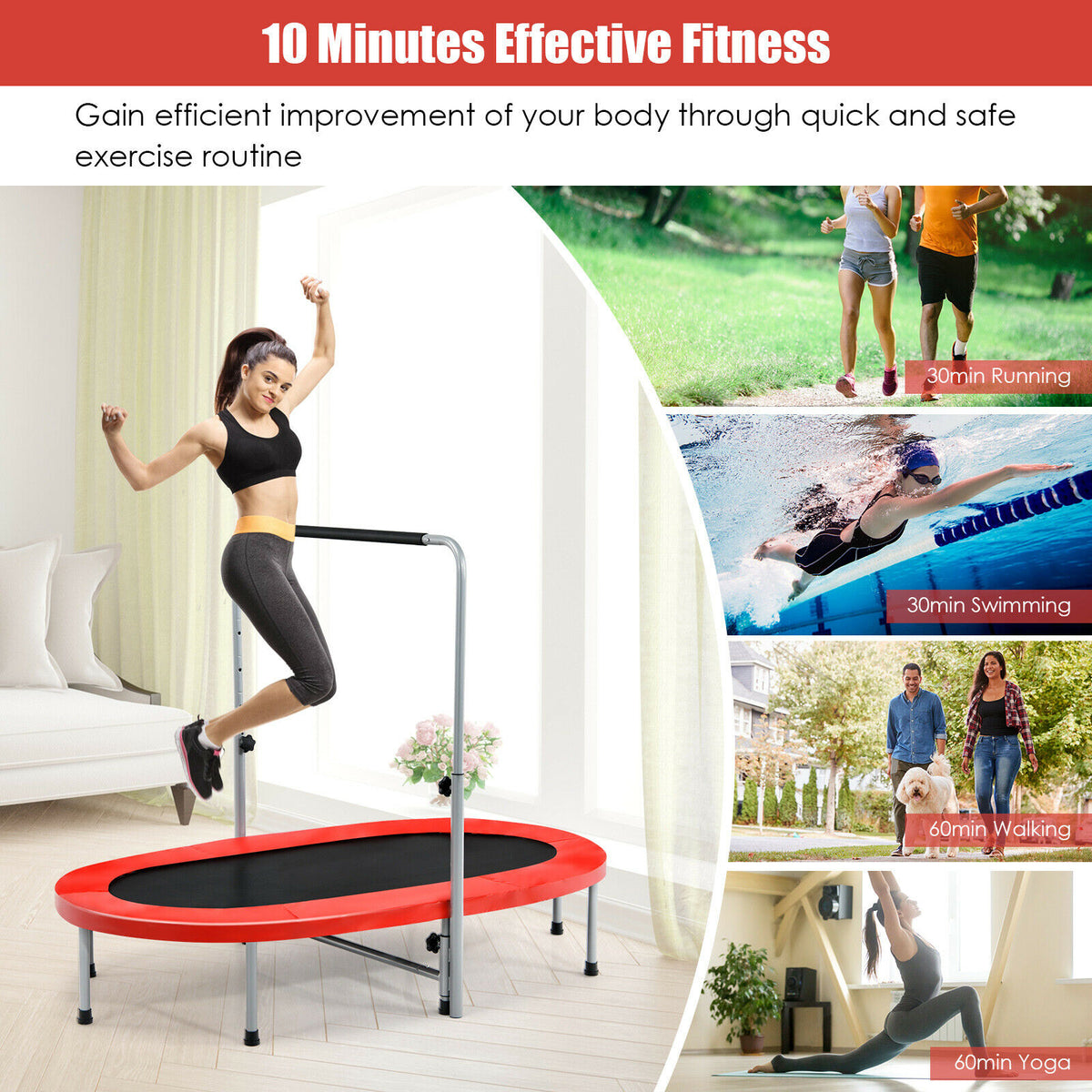 Double Foldable Fitness Trampoline with Adjustable Handrail-Red