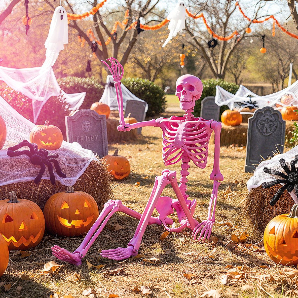63 inch Halloween Pink Skeleton Decoration with 8 Moving Joints