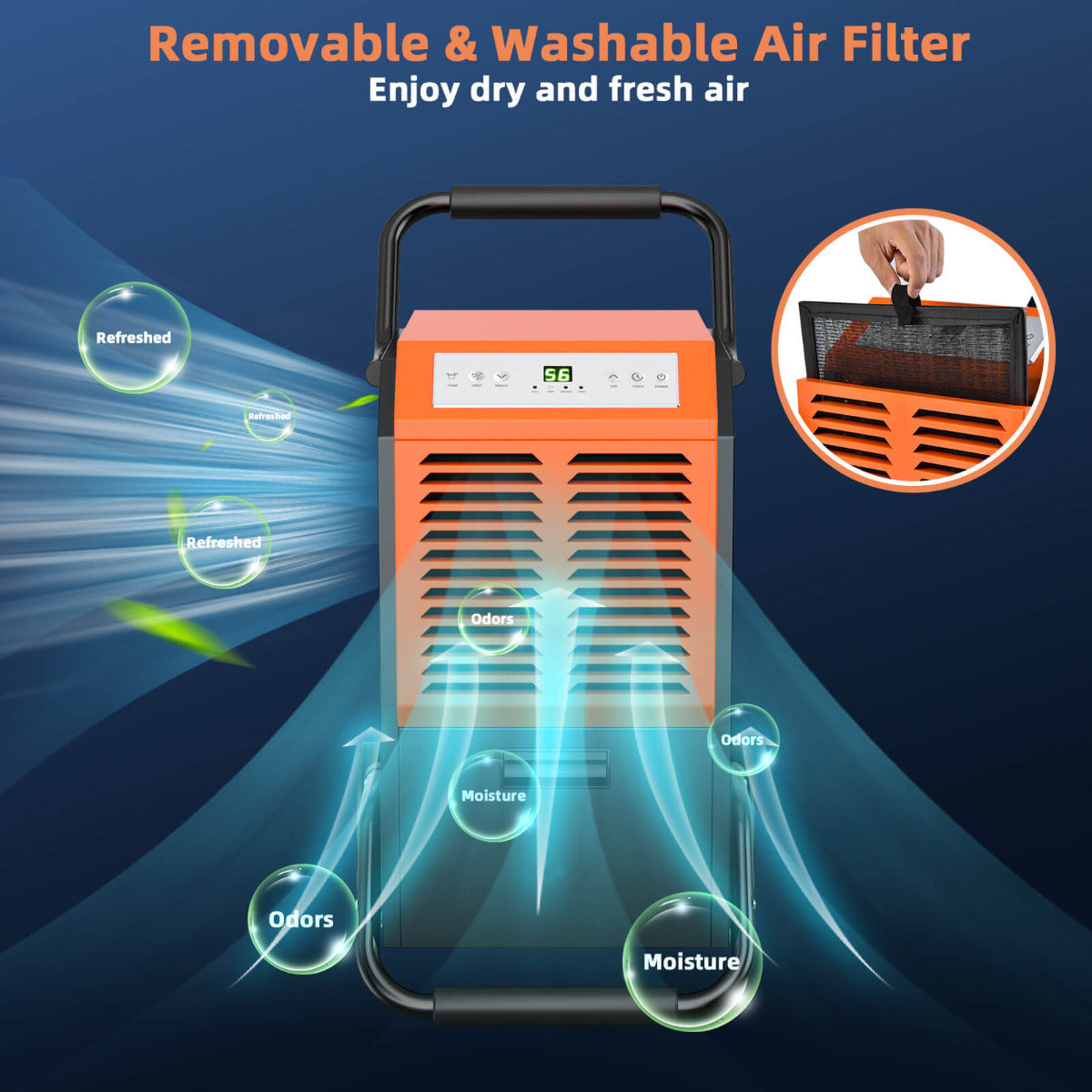 63L Efficient Commercial Dehumidifier with 264.86 CFM air flow 24H Timer and Auto Defrost