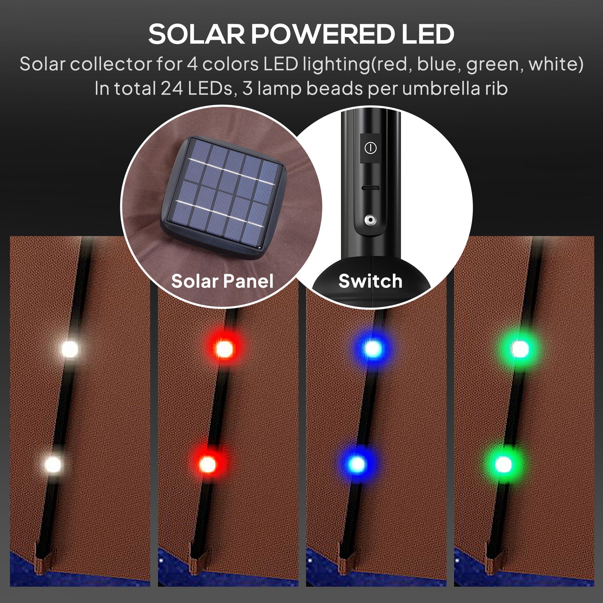 Outsunny â2.7m Garden 24 LED Light Parasol Solar Outdoor Tilt Sun Umbrella Patio Club Party Event Manual Sun Shade w/ Hand Crank and 8 Ribs, Brown