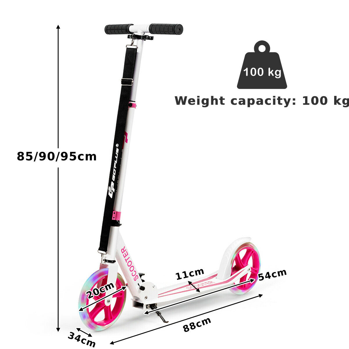 Foldable and Adjustable Kick Scooter with 2 Big Wheels and LED Lights-Pink