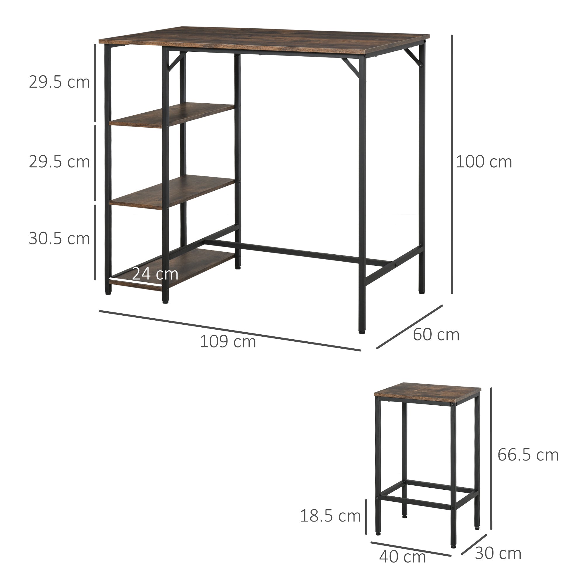 HOMCOM Industrial Bar Height Dining Table Set With 2 Stools & Side Shelf, 3 Pieces Coffee Table for Dining Room, Kitchen, Dinette