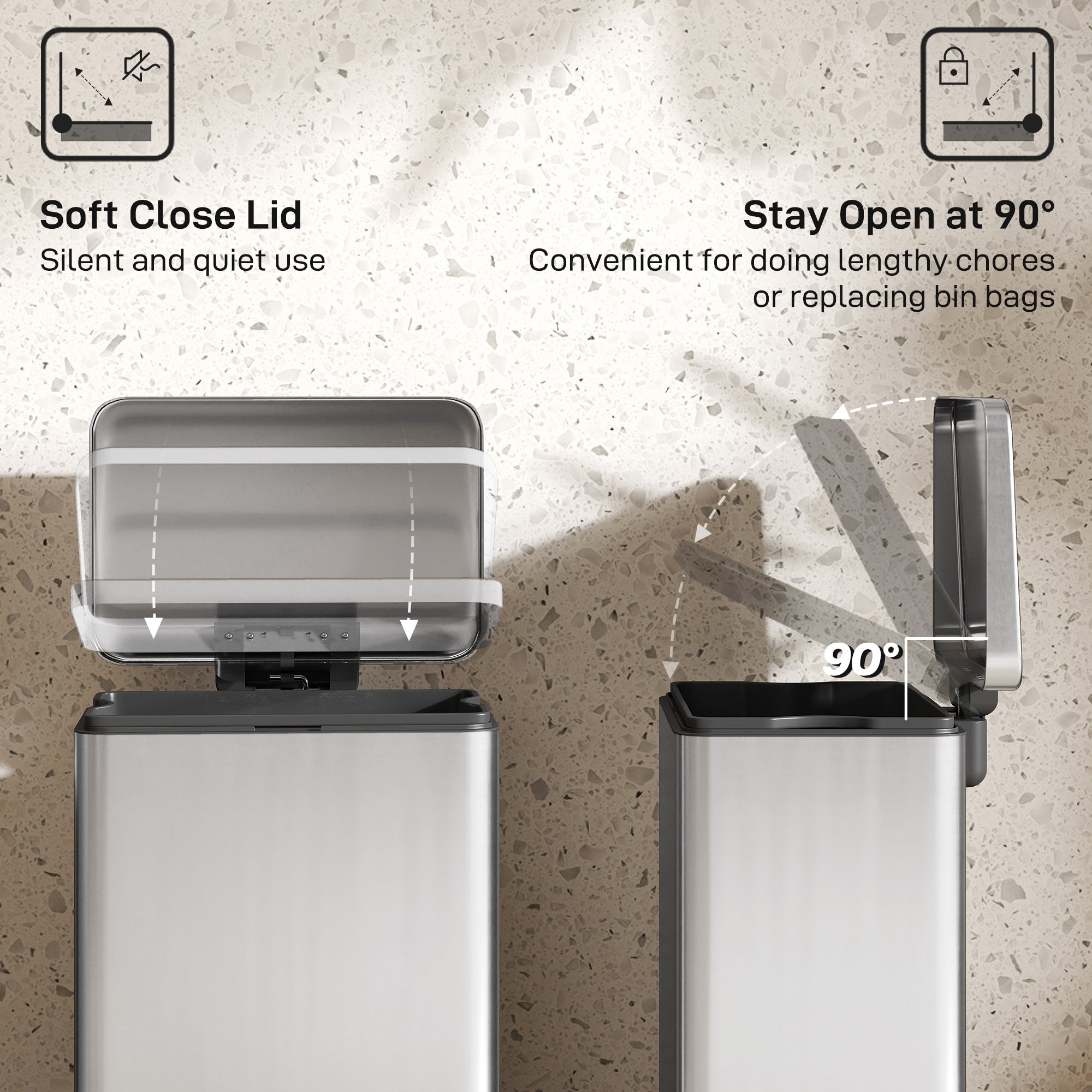 HOMCOM 20L Kitchen Bin with Soft-Close Lid and Stay-Open Function, Stainless Steel Pedal Bin with Removable Inner Bucket for Kitchen, Office, Home, Silver Tone