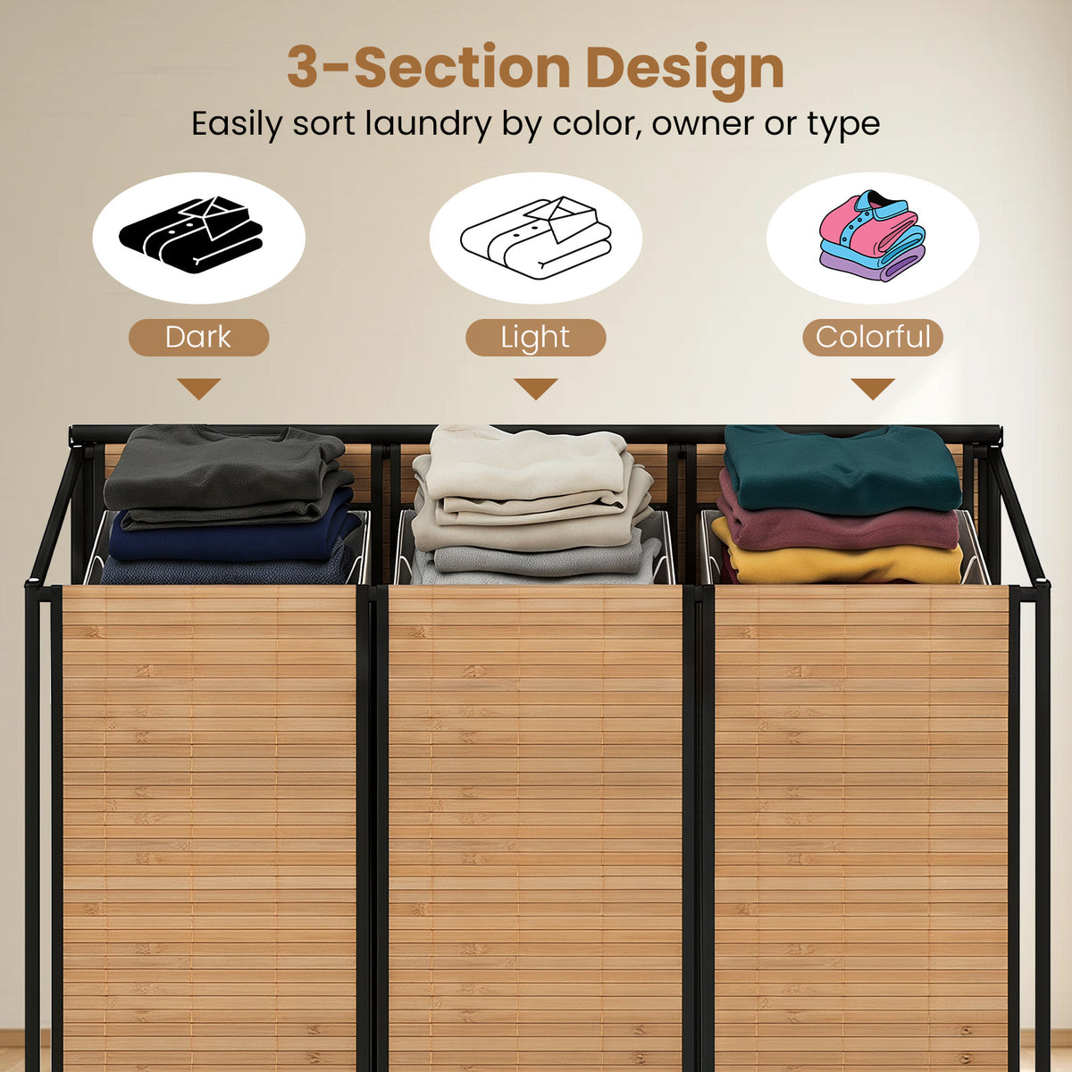66CM Tall Rolling Laundry Hamper with 3 Sections and Lid and Lockable Wheels-Natural